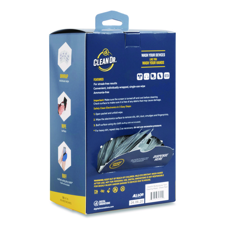 DIGITAL INNOVATIONS ScreenDr Multipurpose Tech Cleaning Wipes, 7 x 4, Unscented, White, 200/Pack (ASP32694)
