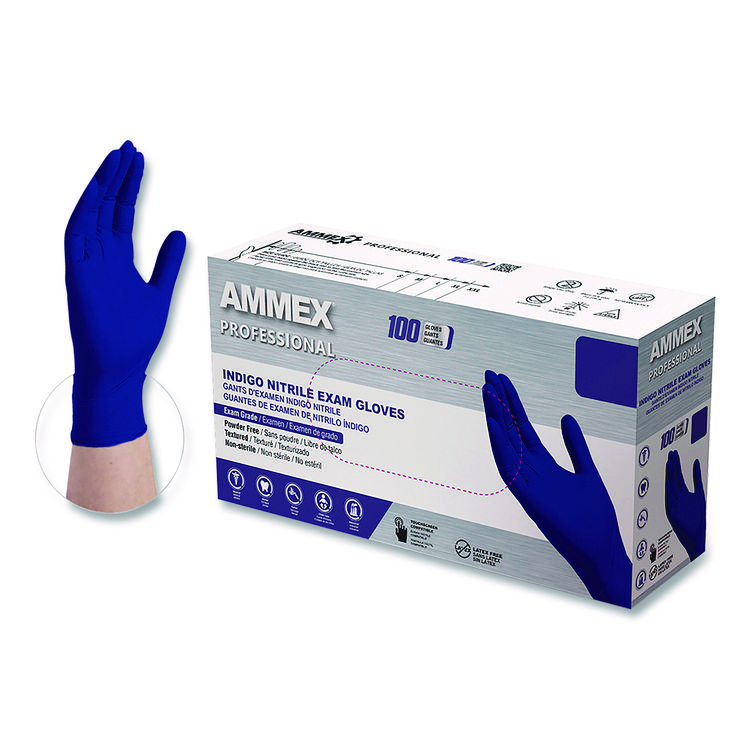AMMEX CORPORATION Nitrile Exam Gloves, Powder-Free, Small, Indigo, 100/Box (AXCAINPF42100BX)