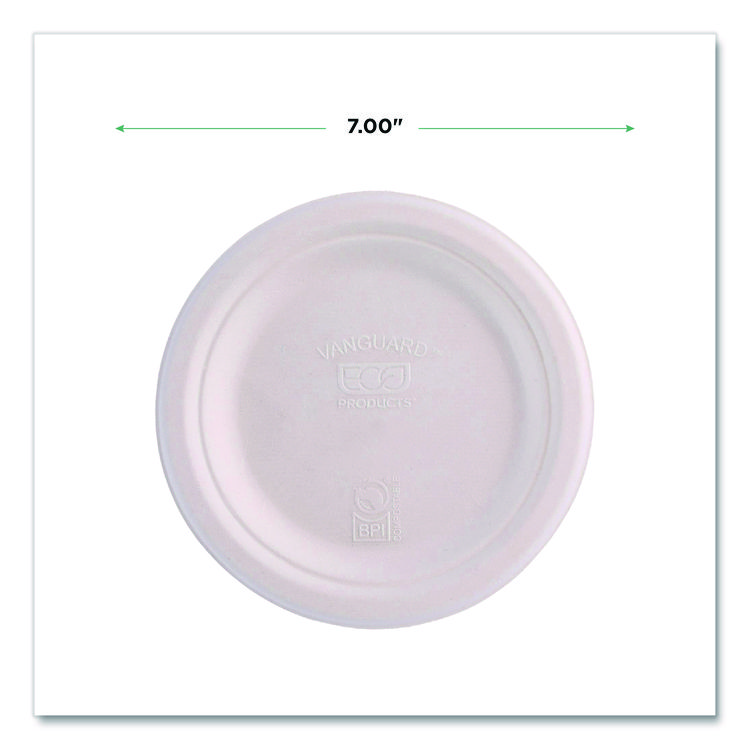 ECO-PRODUCTS,INC. Vanguard Renewable and Compostable Sugarcane Plates, 7" dia, White, 1,000/Carton (ECOEPP011NFA)