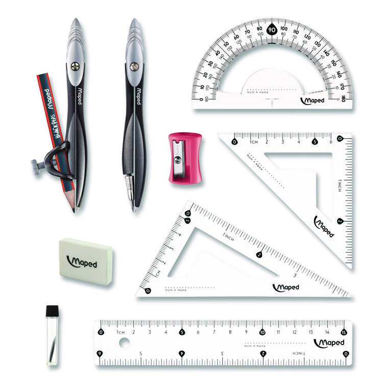 MAPED HELIX Metal Compass and Geometry Set, Metal/Plastic, Black/Clear, 10 Pieces (MHX897010)