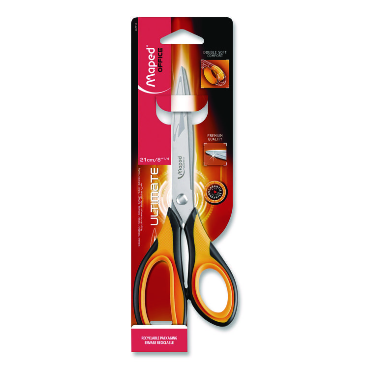 MAPED HELIX Ultimate Soft Grip Multipurpose Scissors, 8.25" Long, 4.5" Cut Length, Straight Orange/Black Handle (MHX697710)