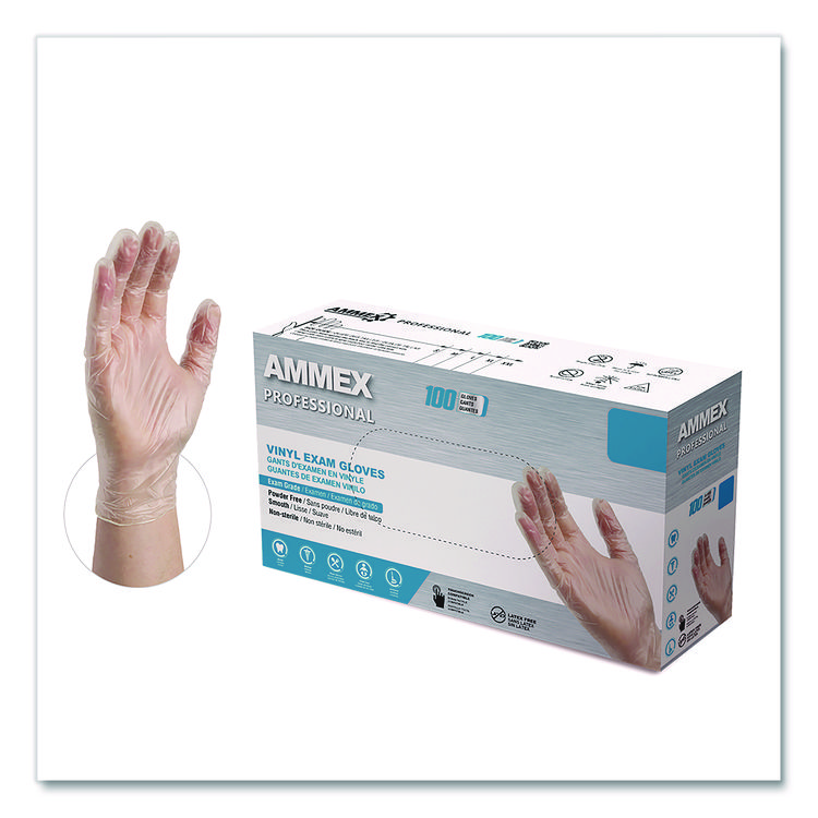 AMMEX CORPORATION Vinyl Exam Gloves, Powder-Free, Large, Clear, 100/Box (AXCVPF66100)