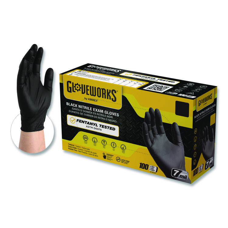 AMMEX CORPORATION Nitrile Exam Gloves, Powder-Free, Large, 7 mil Thick, 9.5" Long, Black, 100/Box, 10 Boxes/Carton (AXCGWBEN46100CT)