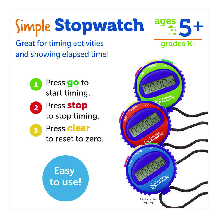 LEARNING RESOURCES Simple Stopwatch, Accurate to 1/100 Second, Blue Stopwatch, Black Lanyard (LRNLER0808)