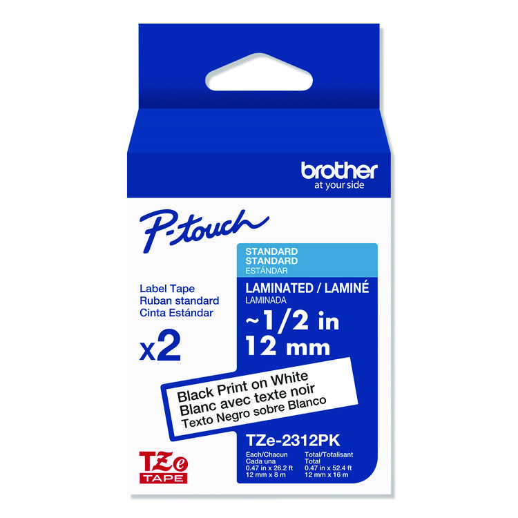 BROTHER INTL. CORP. TZe Standard Adhesive Laminated Labeling Tapes, 0.47" x 26.2 ft, Black on White, 2/Pack (BRTTZE2312PK)