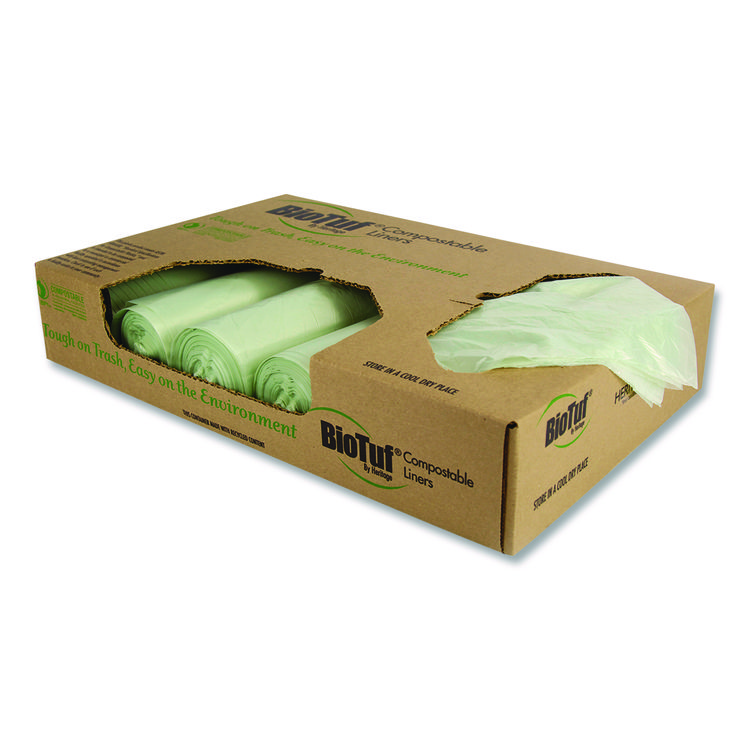 HERITAGE Biotuf Compostable Can Liners, 30 gal, 1 mil, 28" x 45", Green, 25 Bags/Roll, 5 Rolls/Carton (HERY5645YER01)