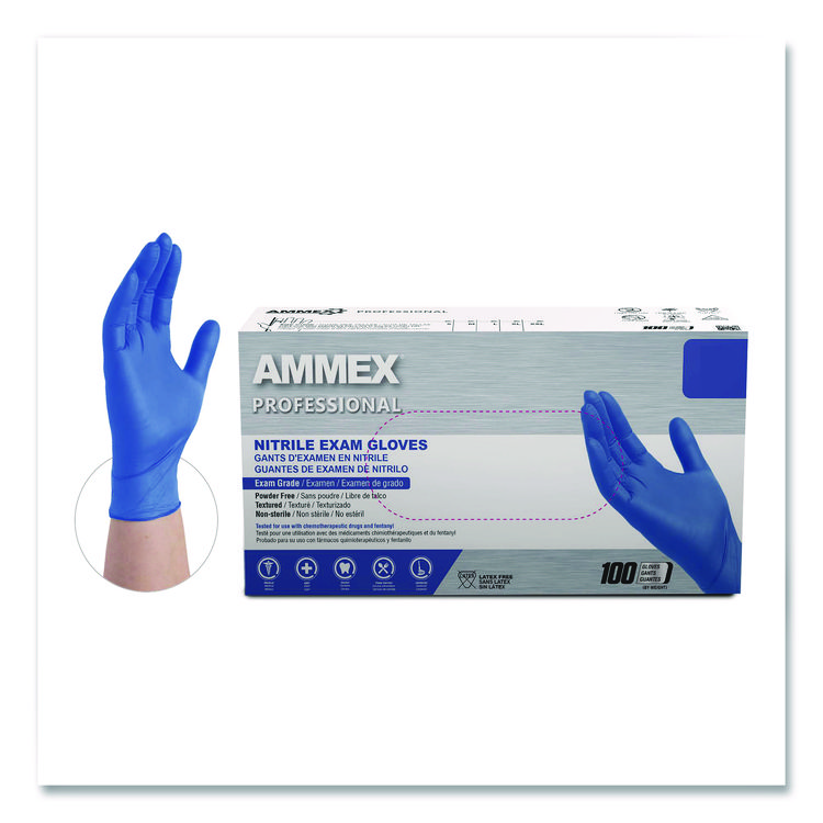 AMMEX CORPORATION Nitrile Exam Gloves, Powder-Free, Large, 3 mil Thick, 9.5" Long, Blue, 100/Box, 10 Boxes/Carton (AXCACNPF46100)