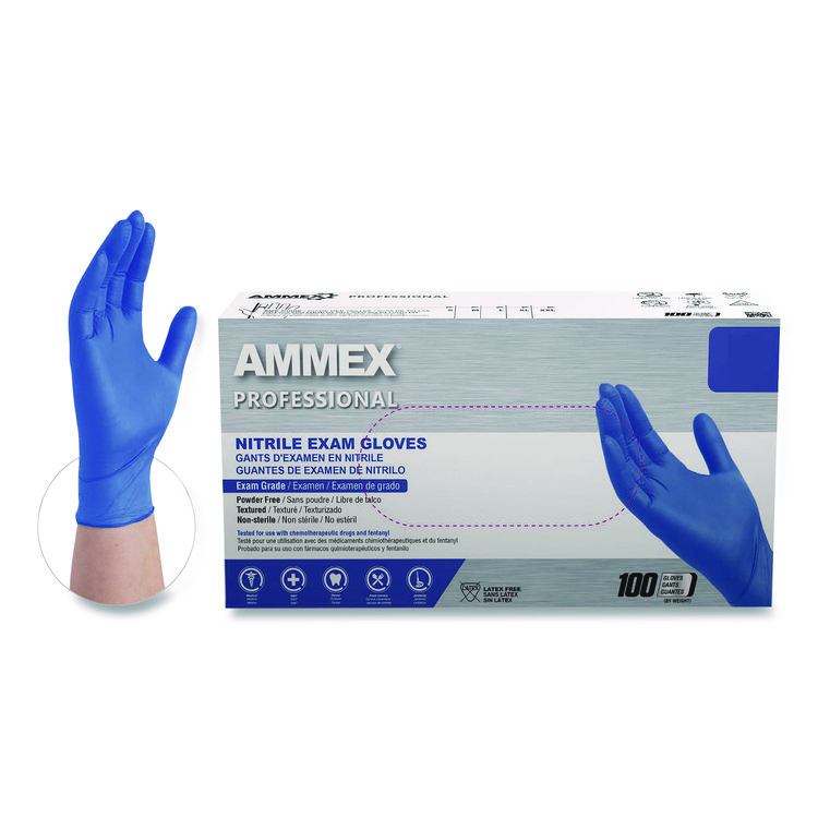 AMMEX CORPORATION Nitrile Exam Gloves, Powder-Free, X-Large, 3 mil Thick, 9.5" Long, Blue, 100/Box, 10 Boxes/Carton (AXCACNPF48100)