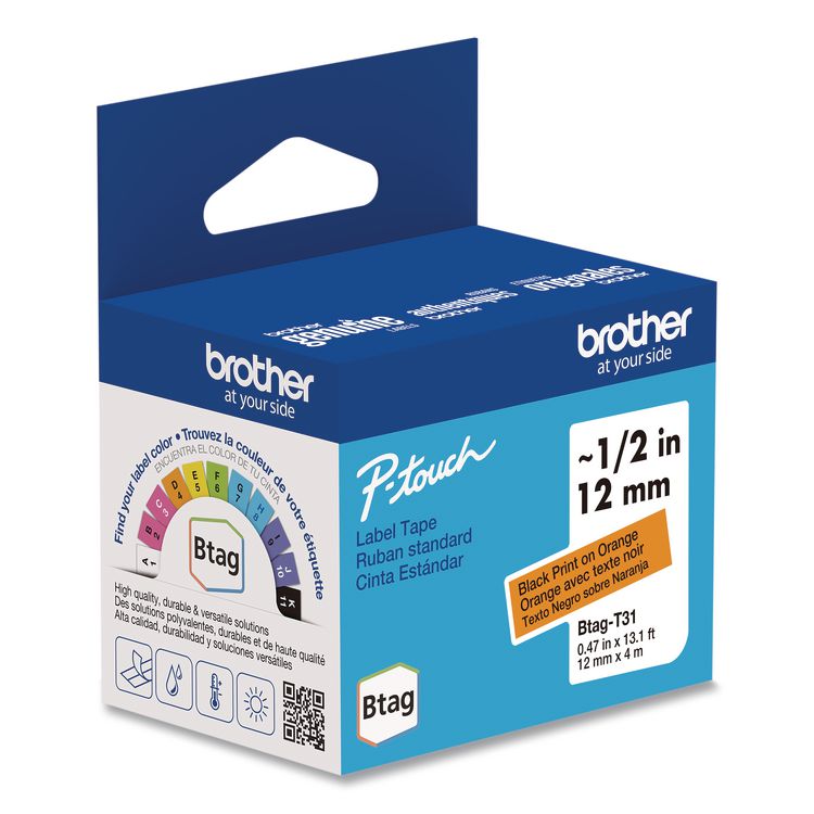 BROTHER INTL. CORP. Genuine P-Touch BTAG Label Tapes, 0.47" x 13.1 ft, Black on Orange (BRTBTAGT31)