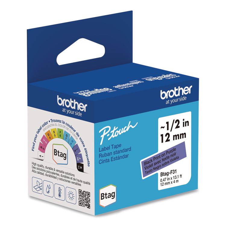 BROTHER INTL. CORP. Genuine P-Touch BTAG Label Tapes, 0.47" x 13.1 ft, Black on Purple (BRTBTAGF31)