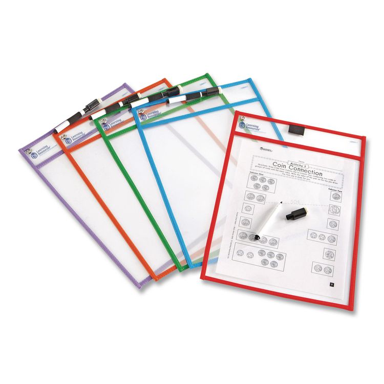 LEARNING RESOURCES Write and Wipe Pockets, Medium-Duty, Top Load, 10" x 14" Insert, Clear Front, Assorted Color Border, 5 Pockets (LRNLER0477)