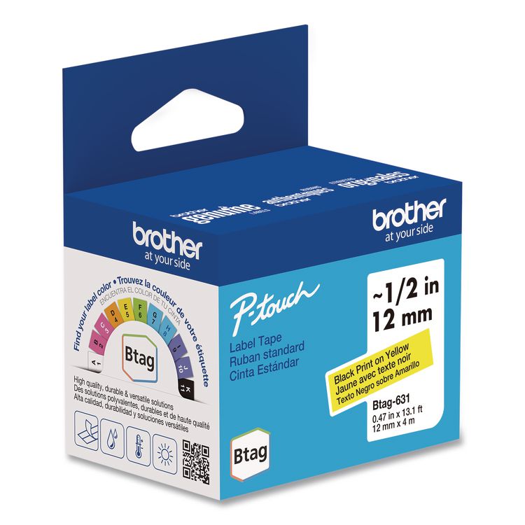 BROTHER INTL. CORP. Genuine P-Touch BTAG Label Tapes, 0.47" x 13.1 ft, Black on Yellow (BRTBTAG631)