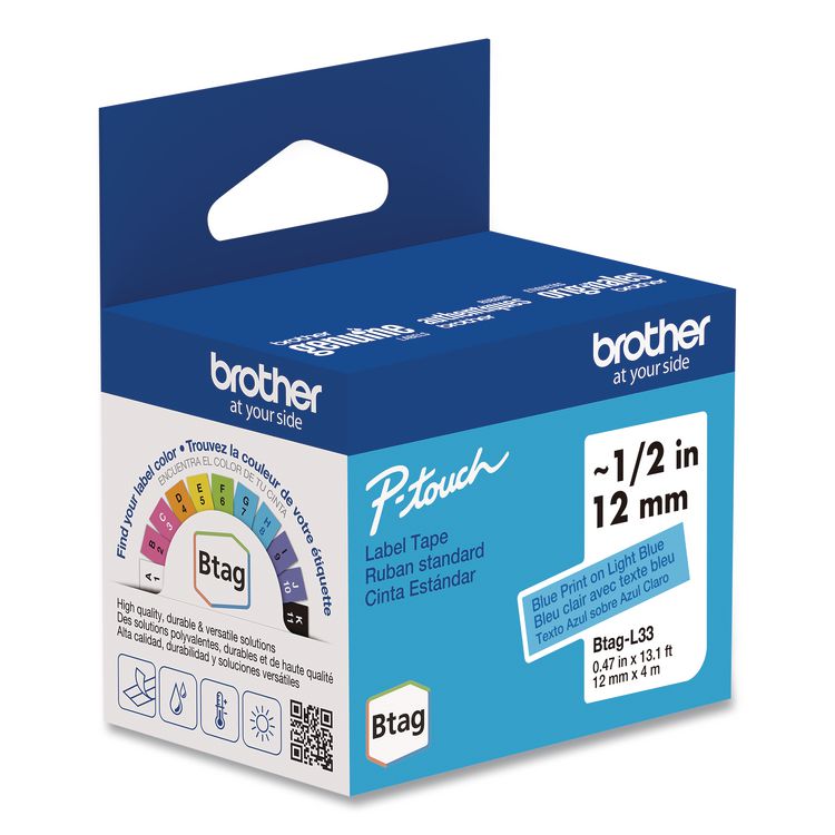 BROTHER INTL. CORP. Genuine P-Touch BTAG Label Tapes, 0.47" x 13.1 ft, Blue on Light Blue (BRTBTAGL33)