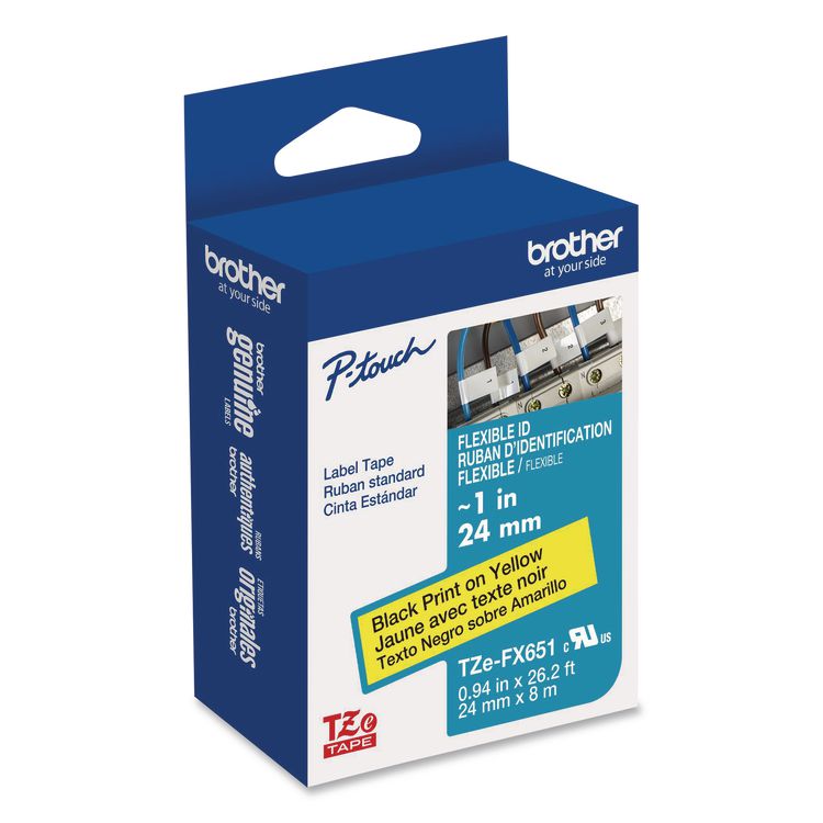 BROTHER INTL. CORP. TZe Flexible Tape Cartridge for P-Touch Labelers, 0.94" x 26.2 ft, Black on Yellow (BRTTZEFX651)