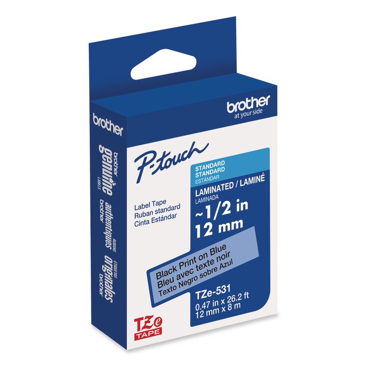 BROTHER INTL. CORP. TZe Laminated Removable Label Tapes, 0.47" x 26.2 ft, Black on Blue (BRTTZE531CS)