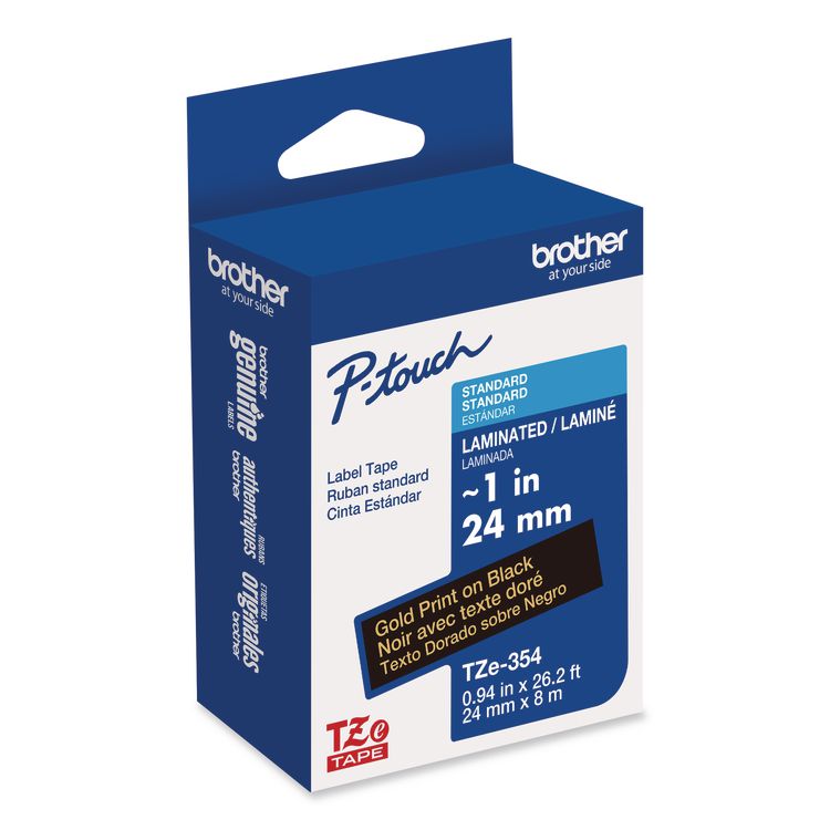 BROTHER INTL. CORP. TZe Standard Adhesive Laminated Labeling Tape, 0.94" x 26.2 ft, Gold on Black (BRTTZE354)