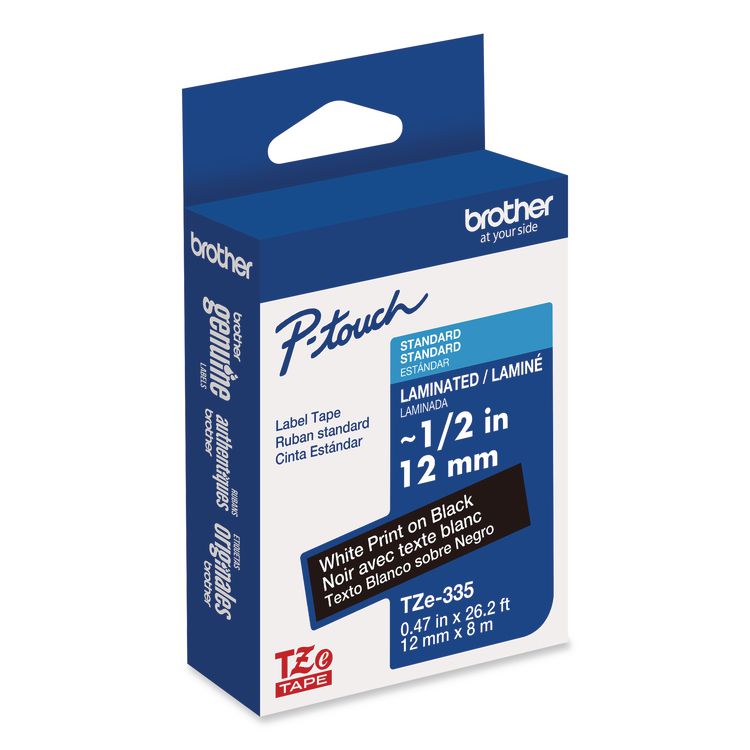 BROTHER INTL. CORP. TZe Standard Adhesive Laminated Labeling Tape, 0.47" x 26.2 ft, White on Black (BRTTZE335)