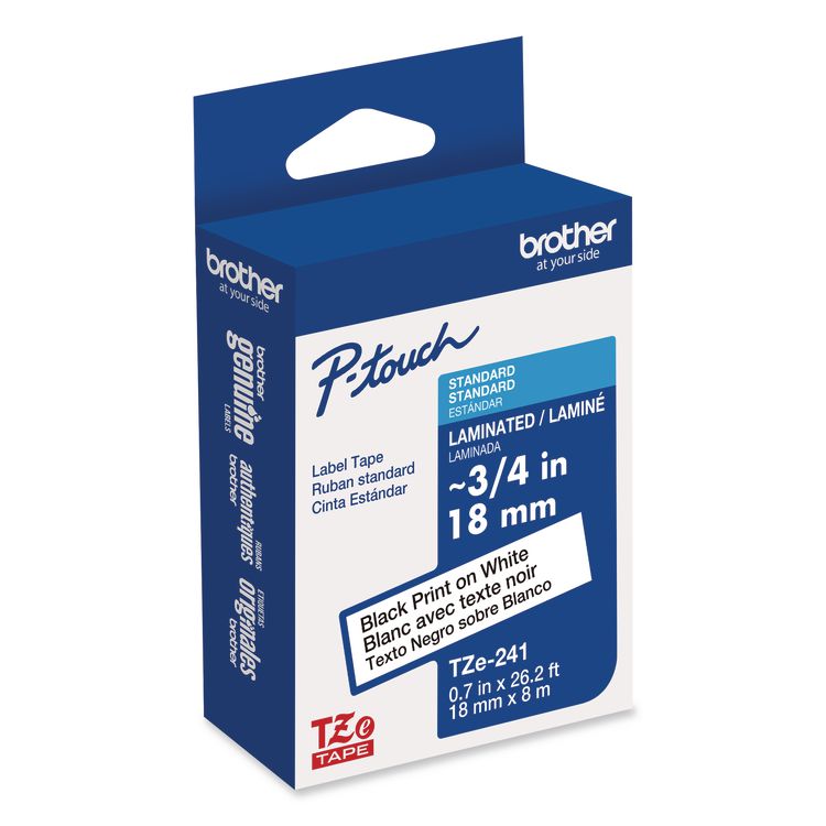 BROTHER INTL. CORP. TZe Standard Adhesive Laminated Labeling Tape, 0.7" x 26.2 ft, Black on White (BRTTZE241)