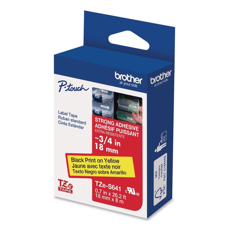 BROTHER INTL. CORP. TZe Extra-Strength Adhesive Laminated Labeling Tape, 0.7" x 26.2 ft, Black on Yellow (BRTTZES641)