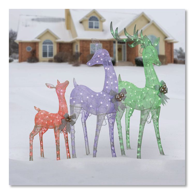 NATIONAL TREE COMPANY Mesh Glittered Deer Family, AC Powered, Blue/Green/Red/Yellow LED Lights, 27" x 8.5" x 60", White (NTTDF340001LR)