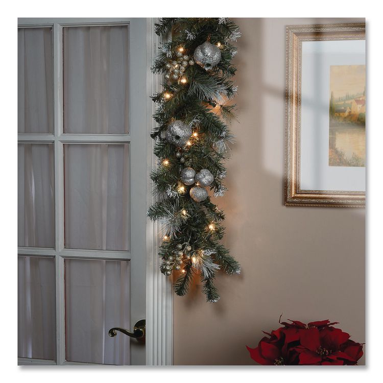 NATIONAL TREE COMPANY Pre-Lit Glittery Pine Pomegranate Garland, AC Powered, Clear Incandescent Lights, 108" Long, Green (NTTGTP13029B1)
