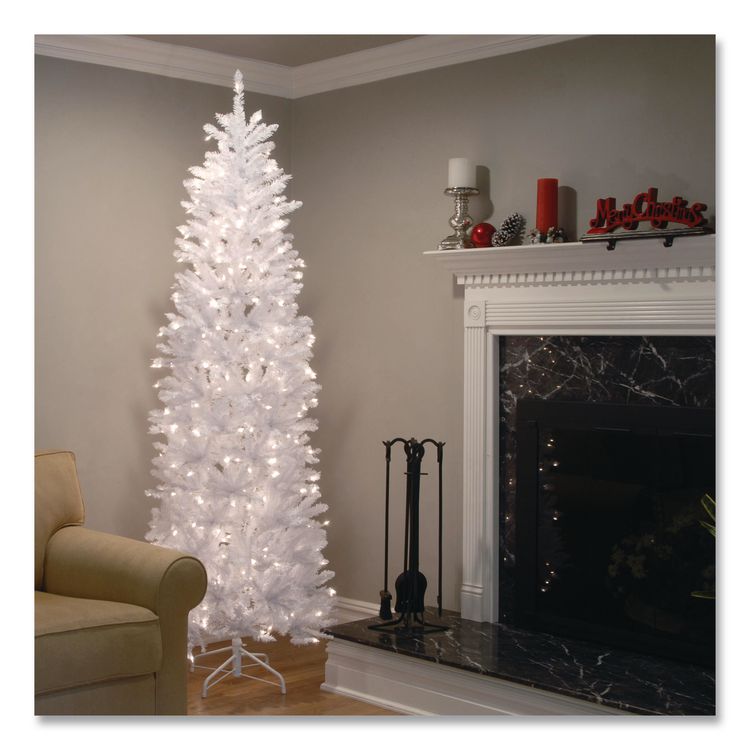 NATIONAL TREE COMPANY Pre-Lit Kingswood Fir Pencil Slim Tree, 35" x 35" x 108", White Tree, White Tree Stand (NTTKWW730090)