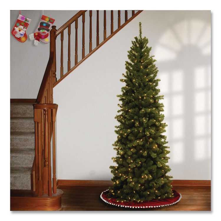NATIONAL TREE COMPANY Pre-Lit North Valley Spruce Pencil Slim Tree, 30" x 30" x 78", Green Tree, Green Tree Stand (NTTNRV735865)