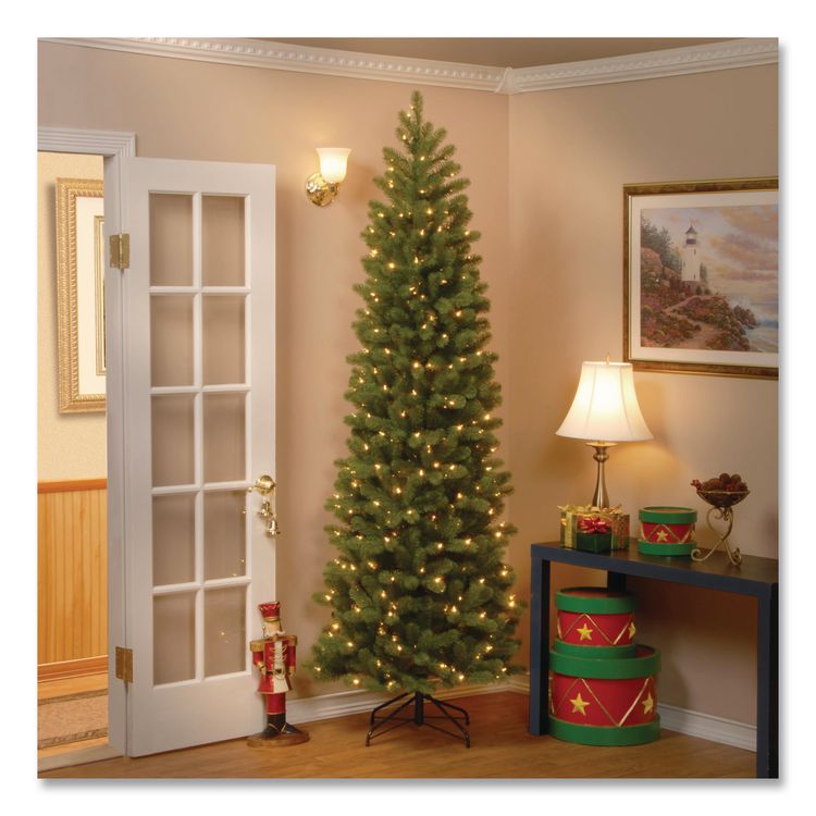 NATIONAL TREE COMPANY Pre-Lit Downswept Douglas Fir Pencil Slim Tree, 35" x 35" x 108", Green Tree, Green Tree Stand (NTTPEDD439290)
