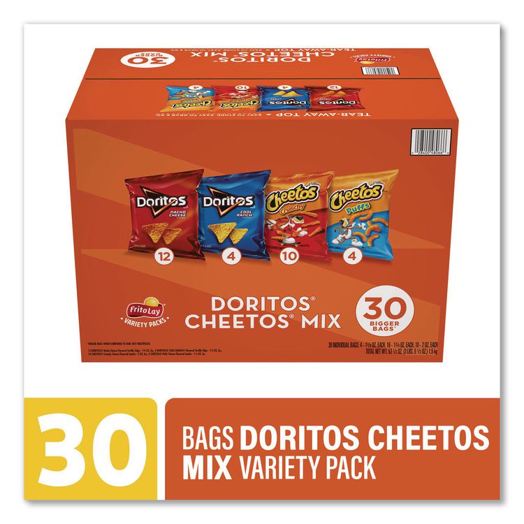 FRITO-LAY, . Doritos and Cheetos Variety Pack, Assorted Flavors, Assorted Sizes, 30 Bags/Carton (GRR22002673)