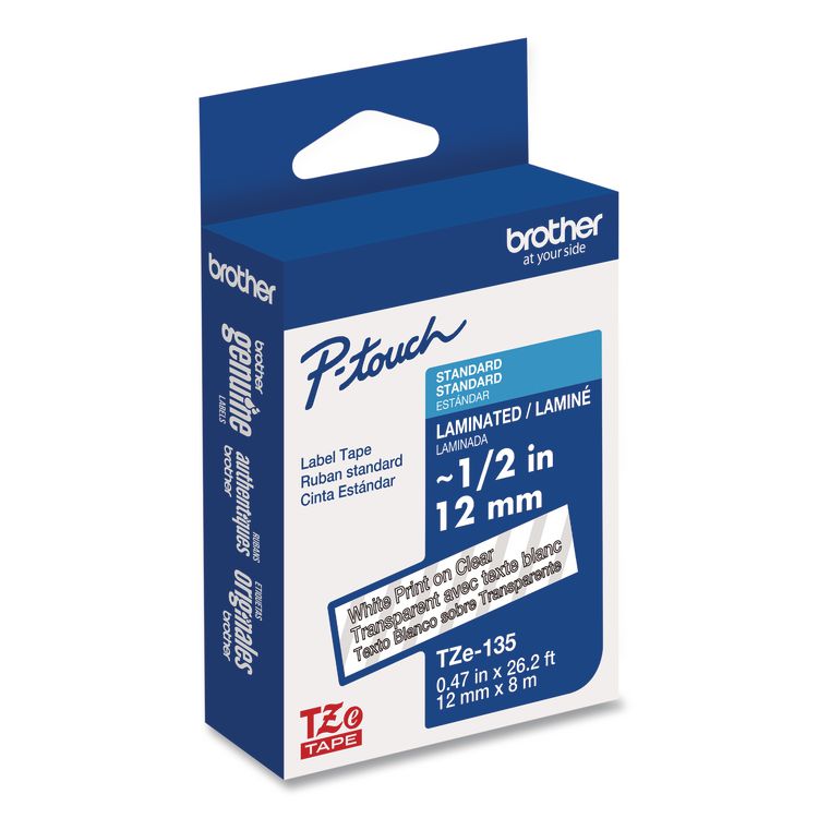 BROTHER INTL. CORP. TZe Standard Adhesive Laminated Labeling Tape, 0.47" x 26.2 ft, White on Clear (BRTTZE135)
