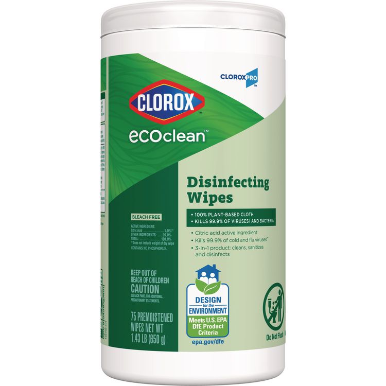 CLOROX SALES CO. CloroxPro EcoClean Disinfecting Wipes, 1-Ply, 7 x 8, Unscented, White, 3/Carton (CLO60787CT)