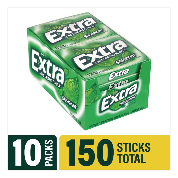 THE WRIGLEY COMPANY Extra Spearmint Sugar-Free Gum, Spearmint, 15 Sticks/Pack, 10 Packs/Carton (GRR22002638)