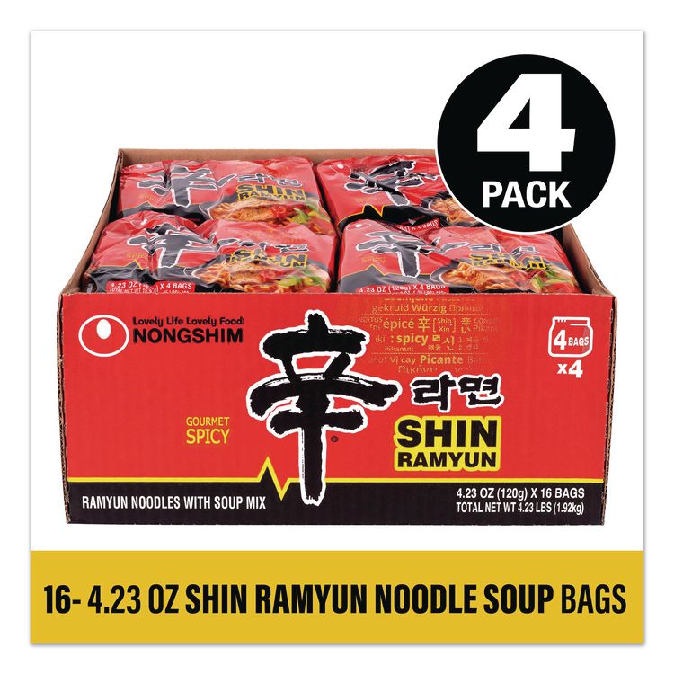 NONGSHIM CO, LTD Gourmet Spicy Ramyun Noodle Soup, Spicy Chicken, 4.23 oz Packet, 16/Carton (GRR22002654)