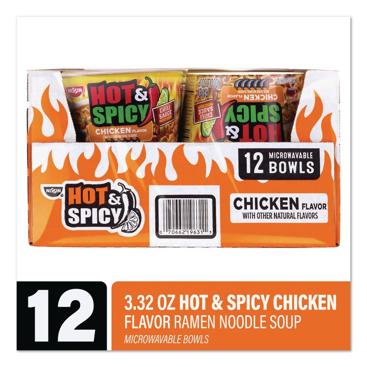 NISSIN FOODS Hot and Spicy Chicken Soup Bowl, Chicken, 3.32 oz Bowl, 12/Carton (GRR22002656)