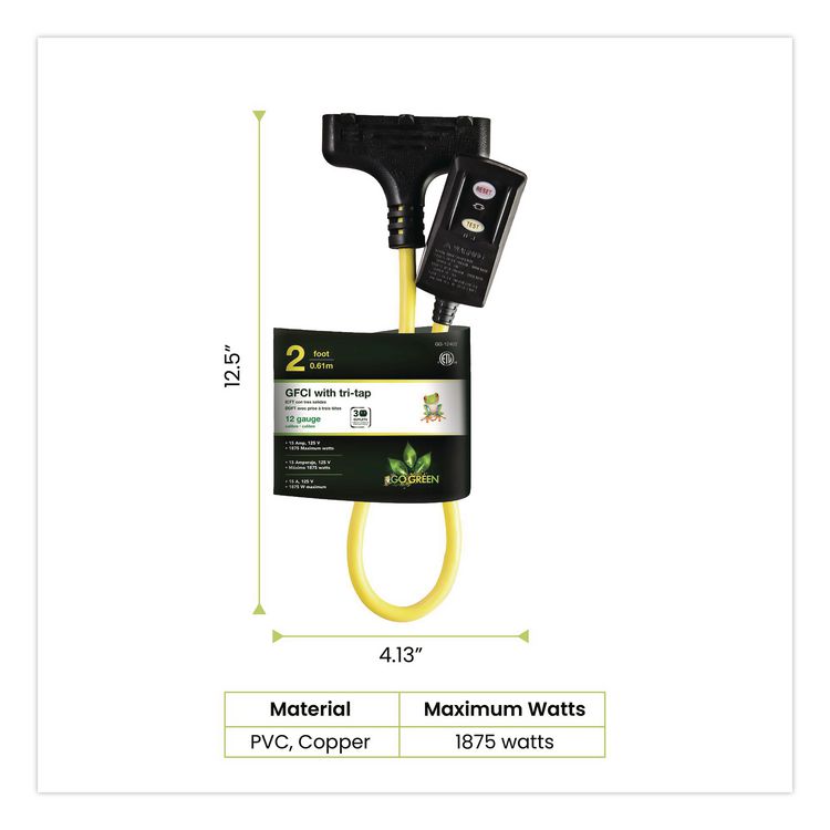 GOGREEN POWER Portable Tri-Tap with GFCI, 3 Outlets, 2 ft Cord, Yellow (GGPGG12402)