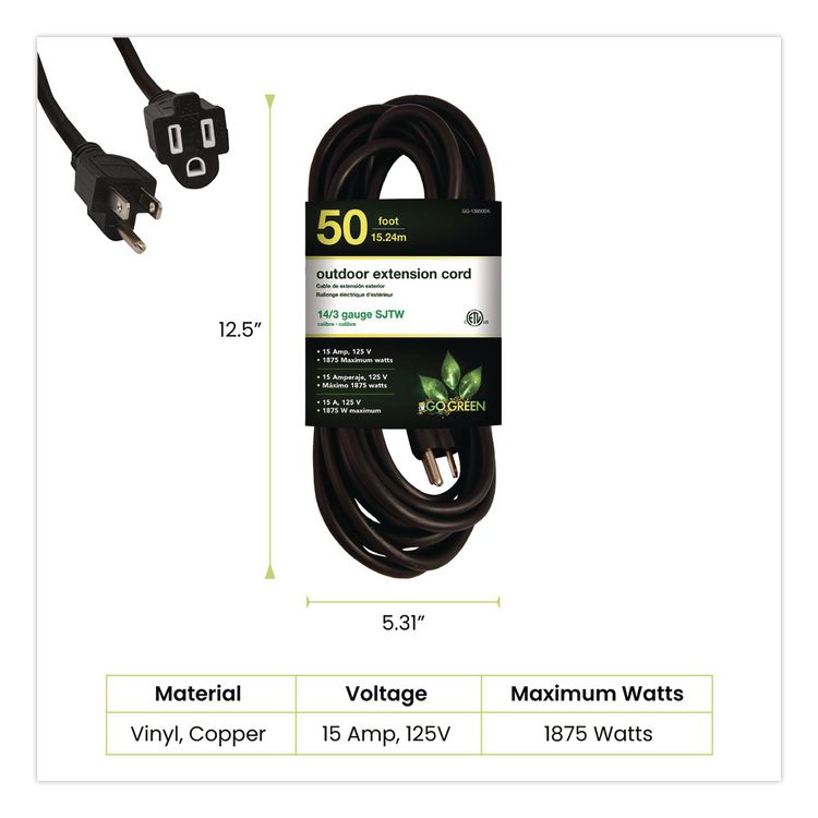 GOGREEN POWER 14 AWG Lighted End Heavy-Duty Extension Cord, 50 ft, 15 A, Black (GGPGG13850BK)