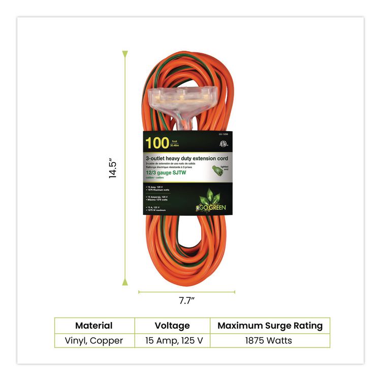 GOGREEN POWER 12 AWG 3-Outlet Heavy-Duty Extension Cord, 100 ft, 15 A, Orange (GGPGG15200)