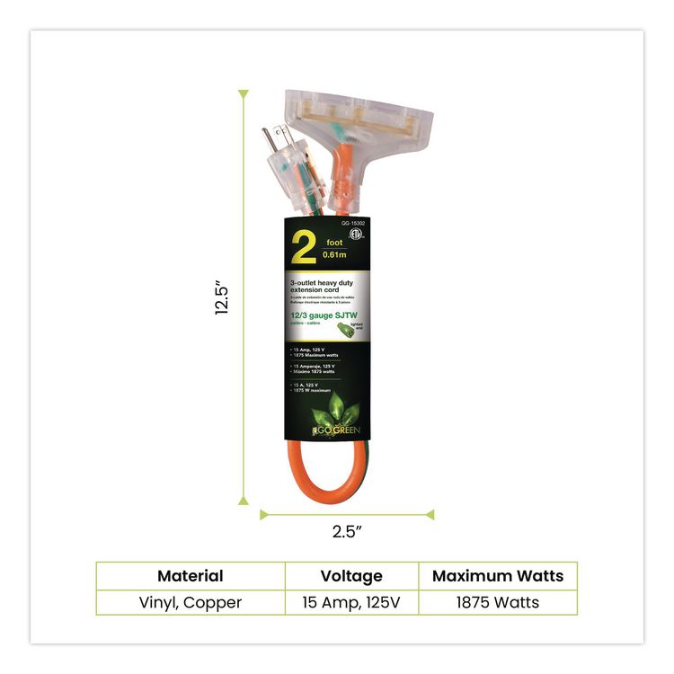 GOGREEN POWER 12 AWG 3-Outlet Heavy-Duty Extension Cord, 2 ft, 15 A, Orange (GGPGG15302)