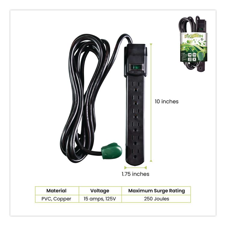 GOGREEN POWER 6 Outlet Surge Protector, 12 ft Cord, 250 J, Black (GGPGG16103M12BK)