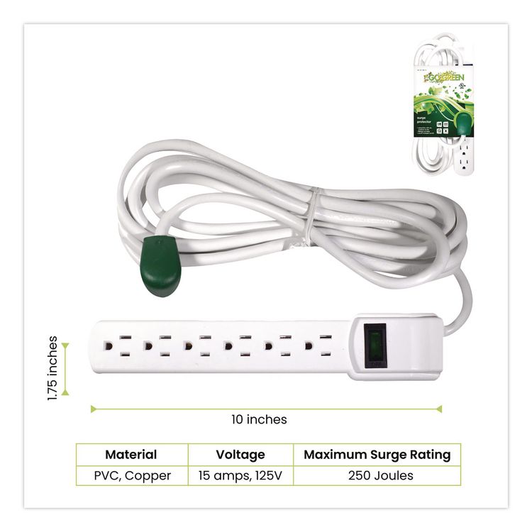 GOGREEN POWER 6 Outlet Surge Protector, 12 ft Cord, 250 J, White (GGPGG16103M12)