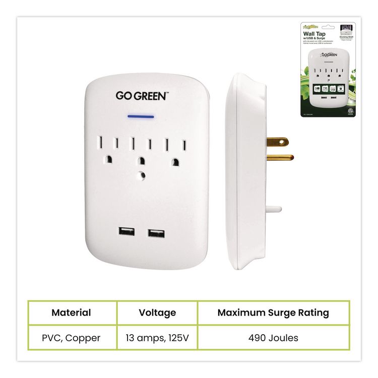 GOGREEN POWER 3 Outlet 2 USB Wall Tap, 735 J, White (GGPGG13000USB2)