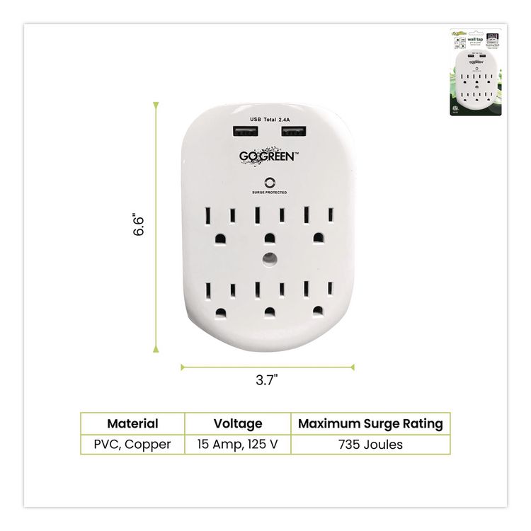 GOGREEN POWER 6 Outlet 4 USB Wall Tap, 735 J, White (GGPGG16000USB4)