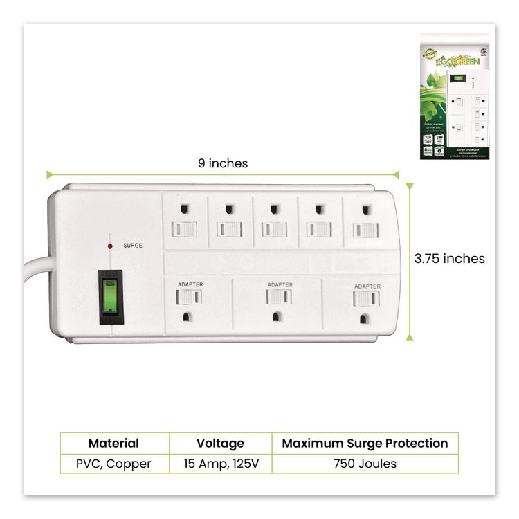 GOGREEN POWER 8 Outlet Surge Protector, 6 ft Cord, 750 J, White (GGPGG18316WH)