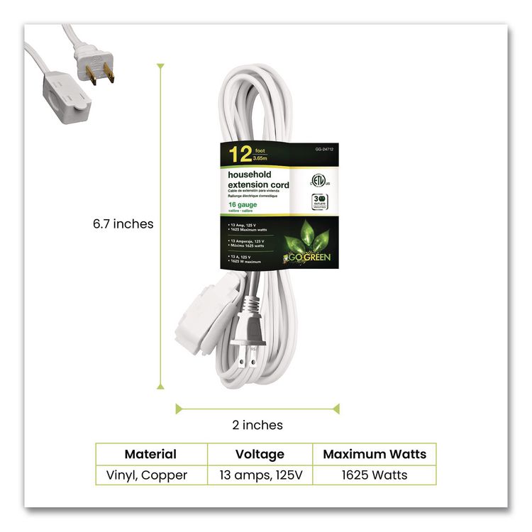 GOGREEN POWER Household Extension Cord, 12 ft, 13 A, White, 3/Pack (GGPGG247123)