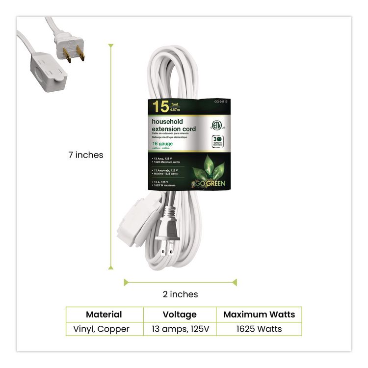 GOGREEN POWER Household Extension Cord, 15 ft, 13 A, White, 3/Pack (GGPGG247153)