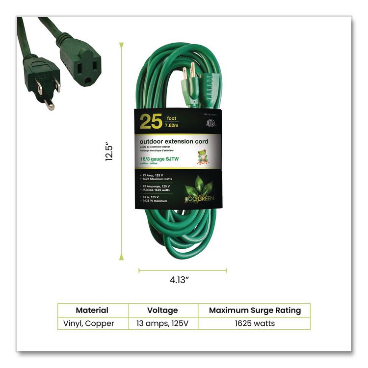 GOGREEN POWER 16 AWG Outdoor Extension Cord, 25 ft, 13 A, Green (GGPGG13725GN)
