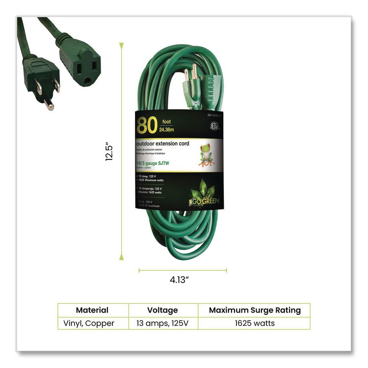 GOGREEN POWER 16 AWG Outdoor Extension Cord, 80 ft, 10 A, Green (GGPGG13780GN)