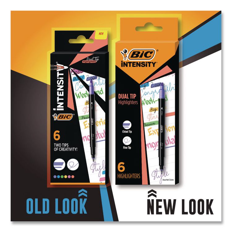 BIC CORP. Intensity Dual-Tip Highlighters, Assorted Ink Colors, Chisel/Needle Tips, Black Barrel, 6/Pack (BICHLPDT6AST)
