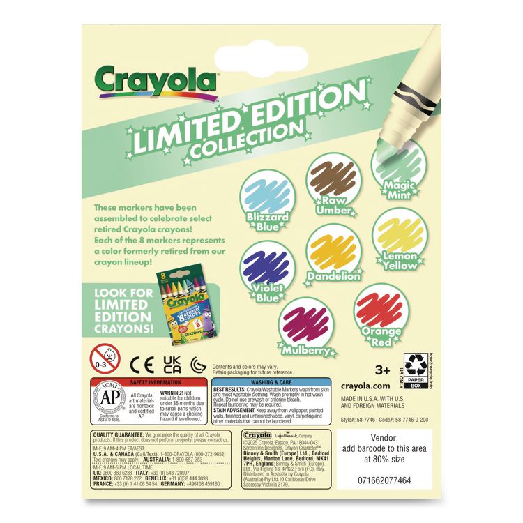 BINNEY & SMITH / CRAYOLA Ultra-Clean Washable Markers, Limited Edition Collection, Broad Bullet Tips, Assorted Colors, 8/Box (CYO587746)