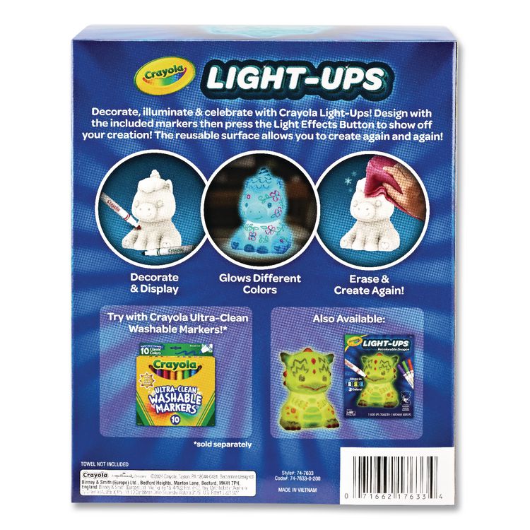 BINNEY & SMITH / CRAYOLA Light Ups Recolorable Unicorn with (3) Ultra-Clean Washable Markers, Ages 4 and Up, 4 Pieces (CYO747633)
